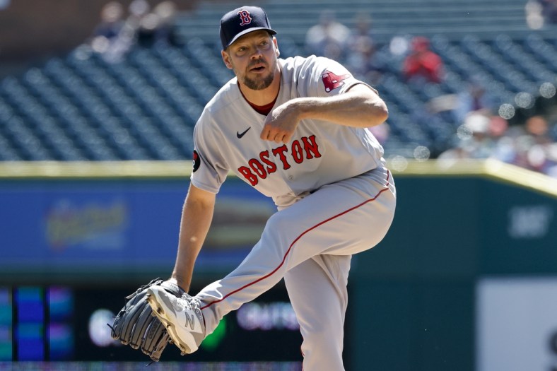 Apr 12, 2022; Detroit, Michigan, USA;  Boston Red Sox starting pitcher Rich Hill (44) pitches in the first inning against the Detroit Tigers at Comerica Park. Mandatory Credit: Rick Osentoski-USA TODAY Sports