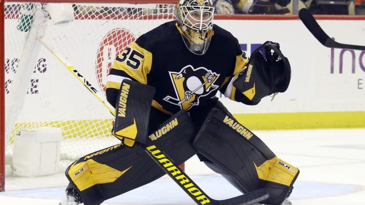 Apr 5, 2022; Pittsburgh, Pennsylvania, USA;  Pittsburgh Penguins goaltender Tristan Jarry (35) guards the net against the Colorado Avalanche during the third period at PPG Paints Arena. Mandatory Credit: Charles LeClaire-USA TODAY Sports