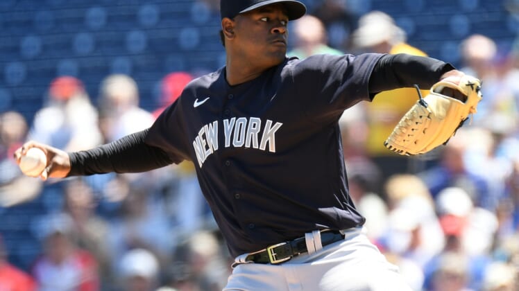 Mar 25, 2022; Clearwater, Florida, USA; New York Yankees pitcher Luis Severino (40) throws a pitch in the first inning against the Philadelphia Phillies  during spring training at BayCare Ballpark. Mandatory Credit: Jonathan Dyer-USA TODAY Sports