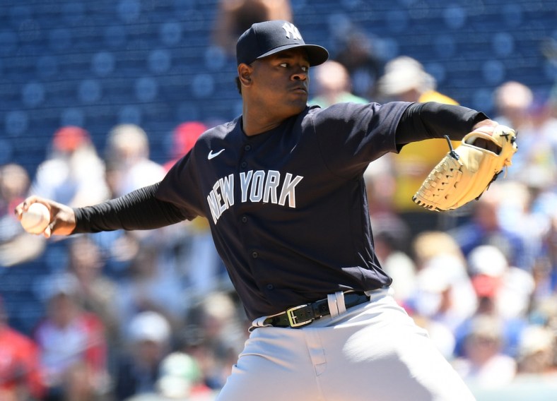 Mar 25, 2022; Clearwater, Florida, USA; New York Yankees pitcher Luis Severino (40) throws a pitch in the first inning against the Philadelphia Phillies  during spring training at BayCare Ballpark. Mandatory Credit: Jonathan Dyer-USA TODAY Sports