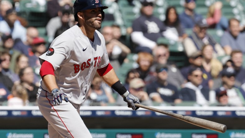 Apr 12, 2022; Detroit, Michigan, USA;  Boston Red Sox left fielder J.D. Martinez (28) hits an RBI double in the sixth inning against the Detroit Tigers at Comerica Park. Mandatory Credit: Rick Osentoski-USA TODAY Sports