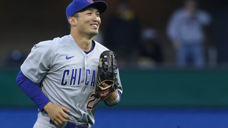 Apr 12, 2022; Pittsburgh, Pennsylvania, USA;  Chicago Cubs right fielder Seiya Suzuki (27) reacts leaving the field after the Cubs defeated the Pittsburgh Pirates at PNC Park. Chicago won 2-1.  Mandatory Credit: Charles LeClaire-USA TODAY Sports