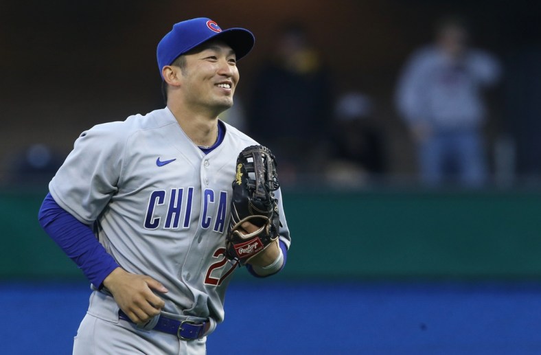 Apr 12, 2022; Pittsburgh, Pennsylvania, USA;  Chicago Cubs right fielder Seiya Suzuki (27) reacts leaving the field after the Cubs defeated the Pittsburgh Pirates at PNC Park. Chicago won 2-1.  Mandatory Credit: Charles LeClaire-USA TODAY Sports