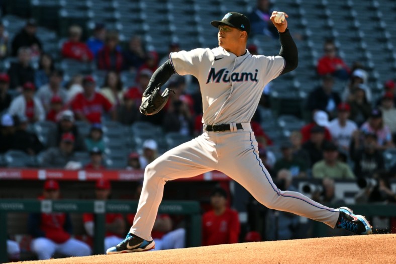 Apr 12, 2022; Anaheim, California, USA; Miami Marlins starting pitcher Jesus Luzardo (44) throws against the Los Angeles Angels during the first inning at Angel Stadium. Mandatory Credit: Richard Mackson-USA TODAY Sports