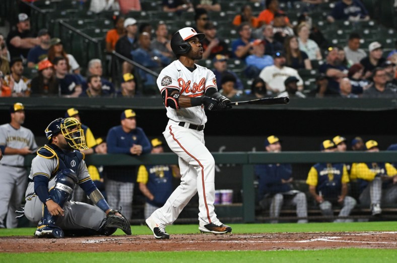 Apr 12, 2022; Baltimore, Maryland, USA;  Baltimore Orioles center fielder Cedric Mullins (31) reacts after hitting a grand slam during the second inning off Milwaukee Brewers starting pitcher Eric Lauer (not pictured) at Oriole Park at Camden Yards. Mandatory Credit: Tommy Gilligan-USA TODAY Sports