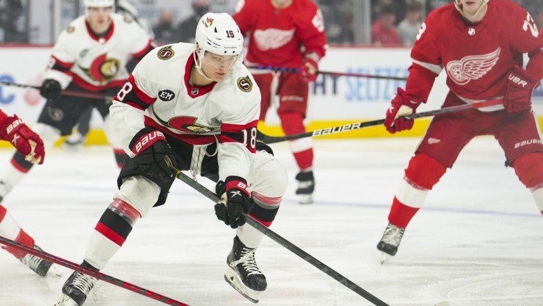 Apr 12, 2022; Detroit, Michigan, USA; Ottawa Senators left wing Tim St tzle (18) skates with the puck during the first period against the Detroit Red Wings at Little Caesars Arena. Mandatory Credit: Raj Mehta-USA TODAY Sports