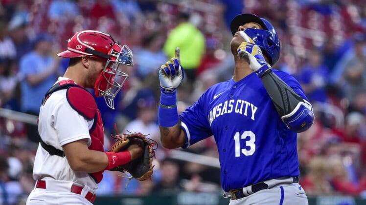 Apr 12, 2022; St. Louis, Missouri, USA;  Kansas City Royals designated hitter Salvador Perez (13) reacts after hitting a solo home run against the St. Louis Cardinals during the second inning at Busch Stadium. Mandatory Credit: Jeff Curry-USA TODAY Sports