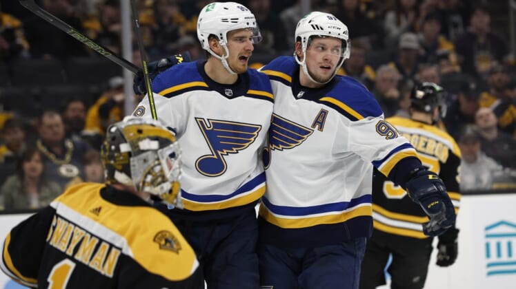 Apr 12, 2022; Boston, Massachusetts, USA; St. Louis Blues right wing Vladimir Tarasenko (91) celebrates his goal with left wing Pavel Buchnevich (89) during the second period against the Boston Bruins at TD Garden. Mandatory Credit: Winslow Townson-USA TODAY Sports