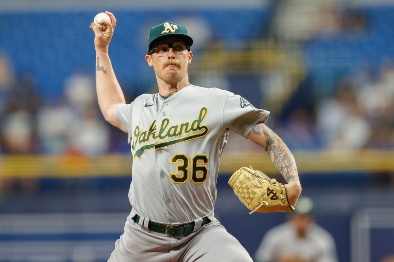 Apr 12, 2022; St. Petersburg, Florida, USA;  Oakland Athletics relief pitcher Adam Oller (36) throws a pitch against the Tampa Bay Rays in the second inning at Tropicana Field. Mandatory Credit: Nathan Ray Seebeck-USA TODAY Sports