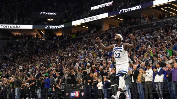 Apr 12, 2022; Minneapolis, Minnesota, USA;  Minnesota Timberwolves guard Patrick Beverley (22) hypes up the crowd during the fourth quarter of a play-in game against the Los Angeles Clippers at Target Center. Mandatory Credit: Nick Wosika-USA TODAY Sports