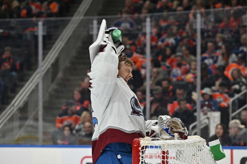 Apr 9, 2022; Edmonton, Alberta, CAN;  Colorado Avalanche goalie Darcy Kuemper (35) is seen out on the ice as the Edmonton Oilers took on the Colorado Avalanche  during the first period at Rogers Place. Mandatory Credit: Walter Tychnowicz-USA TODAY Sports