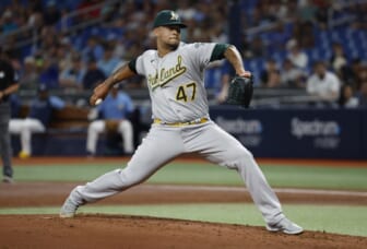 Apr 13, 2022; St. Petersburg, Florida, USA; Oakland Athletics starting pitcher Frankie Montas (47) throws a pitch during the second inning against the Tampa Bay Rays at Tropicana Field. Mandatory Credit: Kim Klement-USA TODAY Sports