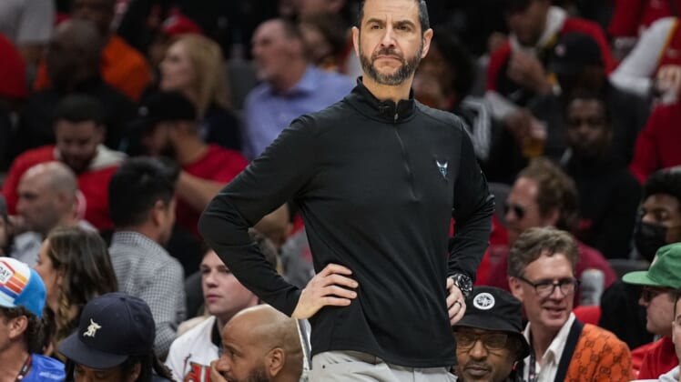 Apr 13, 2022; Atlanta, Georgia, USA; Charlotte Hornets head coach James Borrego on the bench during the game against the Atlanta Hawks during the first half at State Farm Arena. Mandatory Credit: Dale Zanine-USA TODAY Sports