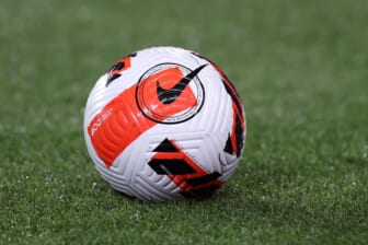 Apr 13, 2022; Harrison, NJ, USA; A detailed view of a Nike soccer ball before the game between the Seattle Sounders and the New York City FC at Red Bull Arena. Mandatory Credit: Vincent Carchietta-USA TODAY Sports