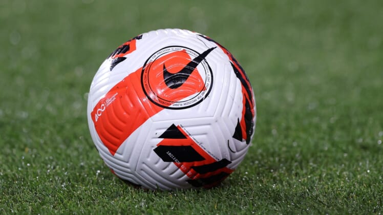 Apr 13, 2022; Harrison, NJ, USA; A detailed view of a Nike soccer ball before the game between the Seattle Sounders and the New York City FC at Red Bull Arena. Mandatory Credit: Vincent Carchietta-USA TODAY Sports