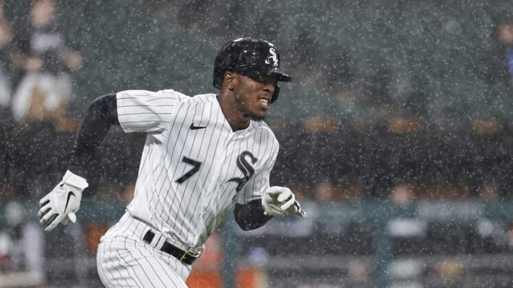 Apr 13, 2022; Chicago, Illinois, USA; Chicago White Sox shortstop Tim Anderson (7) runs to second base after hitting a two-run double against the Seattle Mariners during the second inning at Guaranteed Rate Field. Mandatory Credit: Kamil Krzaczynski-USA TODAY Sports