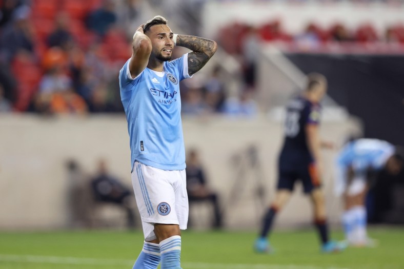 Apr 13, 2022; Harrison, NJ, USA; New York City FC forward Valentin Castellanos (11) reacts after a play against the Seattle Sounders during the second half at Red Bull Arena. Mandatory Credit: Vincent Carchietta-USA TODAY Sports