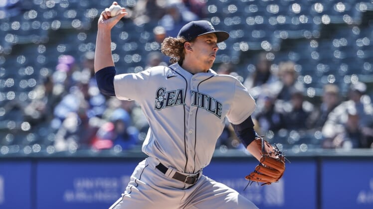 Apr 14, 2022; Chicago, Illinois, USA; Seattle Mariners starting pitcher Logan Gilbert (36) delivers against the Chicago White Sox during the first inning at Guaranteed Rate Field. Mandatory Credit: Kamil Krzaczynski-USA TODAY Sports