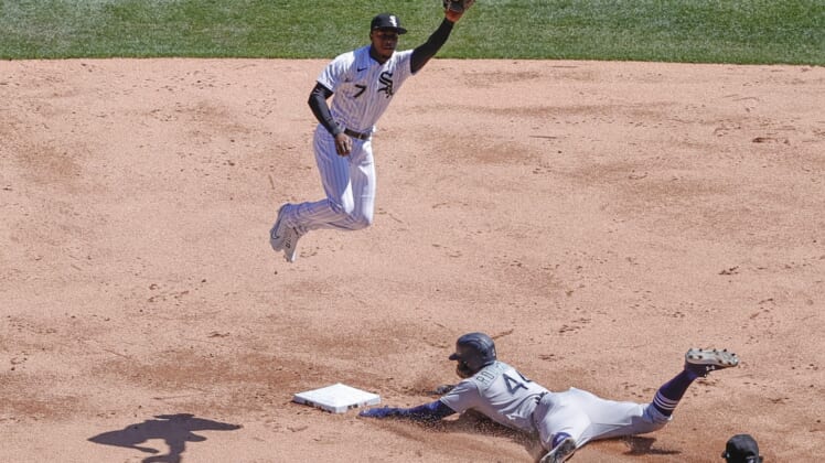 Apr 14, 2022; Chicago, Illinois, USA; Seattle Mariners right fielder Julio Rodriguez (44) steals second base against Chicago White Sox shortstop Tim Anderson (7) during the second inning at Guaranteed Rate Field. Mandatory Credit: Kamil Krzaczynski-USA TODAY Sports