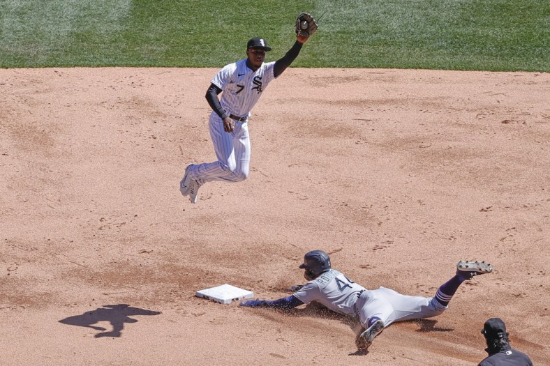 Apr 14, 2022; Chicago, Illinois, USA; Seattle Mariners right fielder Julio Rodriguez (44) steals second base against Chicago White Sox shortstop Tim Anderson (7) during the second inning at Guaranteed Rate Field. Mandatory Credit: Kamil Krzaczynski-USA TODAY Sports