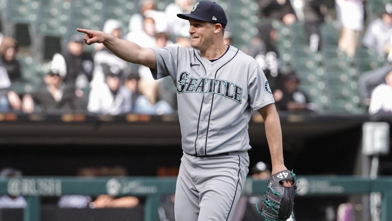 Apr 14, 2022; Chicago, Illinois, USA; Seattle Mariners relief pitcher Paul Sewald (37) celebrates team's 5-1 win against the Chicago White Sox at Guaranteed Rate Field. Mandatory Credit: Kamil Krzaczynski-USA TODAY Sports