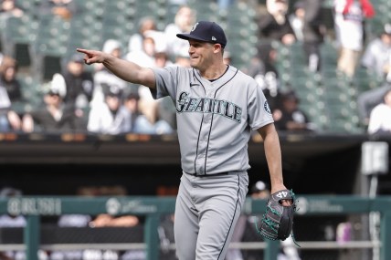 Apr 14, 2022; Chicago, Illinois, USA; Seattle Mariners relief pitcher Paul Sewald (37) celebrates team's 5-1 win against the Chicago White Sox at Guaranteed Rate Field. Mandatory Credit: Kamil Krzaczynski-USA TODAY Sports