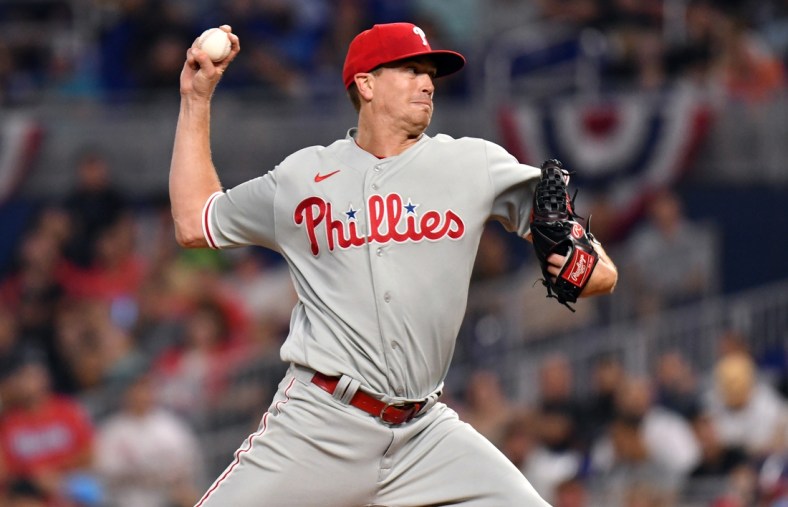 Apr 14, 2022; Miami, Florida, USA; Philadelphia Phillies starting pitcher Kyle Gibson (44) pitches against the Miami Marlins in the second inning at loanDepot Park. Mandatory Credit: Jim Rassol-USA TODAY Sports