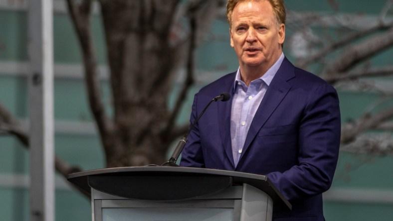 NFL commissioner Roger Goodell speaks during the 2024 NFL Draft Celebration at Campus Martius Park in Detroit on Thursday, April 14, 2022.

Dfp Nfl Draft Party