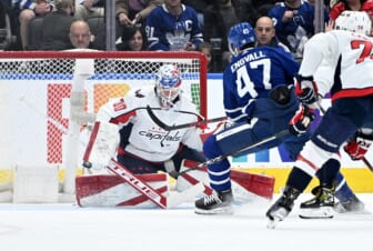 Apr 14, 2022; Toronto, Ontario, CAN;  Washington Capitals goalie Ilya Samsonov (30) makes a save on a shot from Toronto Maple Leafs forward Pierre Engvall (47) in the first  period at Scotiabank Arena. Mandatory Credit: Dan Hamilton-USA TODAY Sports