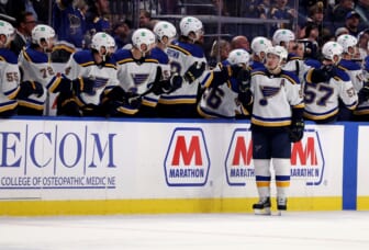 Apr 14, 2022; Buffalo, New York, USA;  St. Louis Blues right wing Vladimir Tarasenko (91) celebrates his goal with teammates during the second period against the Buffalo Sabres at KeyBank Center. Mandatory Credit: Timothy T. Ludwig-USA TODAY Sports