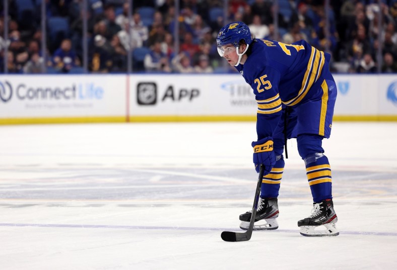 Apr 14, 2022; Buffalo, New York, USA;  Buffalo Sabres defenseman Owen Power (25) waits for the face-off during the second period against the St. Louis Blues at KeyBank Center. Mandatory Credit: Timothy T. Ludwig-USA TODAY Sports