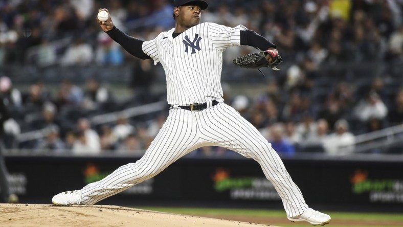 Apr 14, 2022; Bronx, New York, USA;  New York Yankees starting pitcher Luis Severino (40) pitches in the first inning against the Toronto Blue Jays at Yankee Stadium. Mandatory Credit: Wendell Cruz-USA TODAY Sports