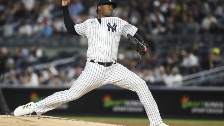 Apr 14, 2022; Bronx, New York, USA;  New York Yankees starting pitcher Luis Severino (40) pitches in the first inning against the Toronto Blue Jays at Yankee Stadium. Mandatory Credit: Wendell Cruz-USA TODAY Sports