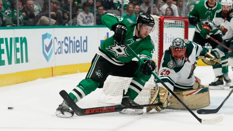 Apr 14, 2022; Dallas, Texas, USA;  Minnesota Wild goaltender Marc-Andre Fleury (29) defends against Dallas Stars center Radek Faksa (12) during the second period at American Airlines Center. Mandatory Credit: Chris Jones-USA TODAY Sports