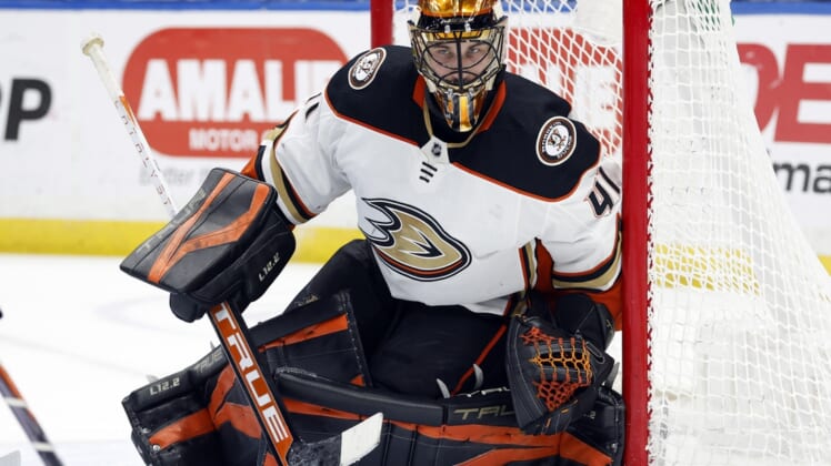 Apr 14, 2022; Tampa, Florida, USA; Anaheim Ducks goaltender Anthony Stolarz (41) looks on against the Tampa Bay Lightning during the third period at Amalie Arena. Mandatory Credit: Kim Klement-USA TODAY Sports