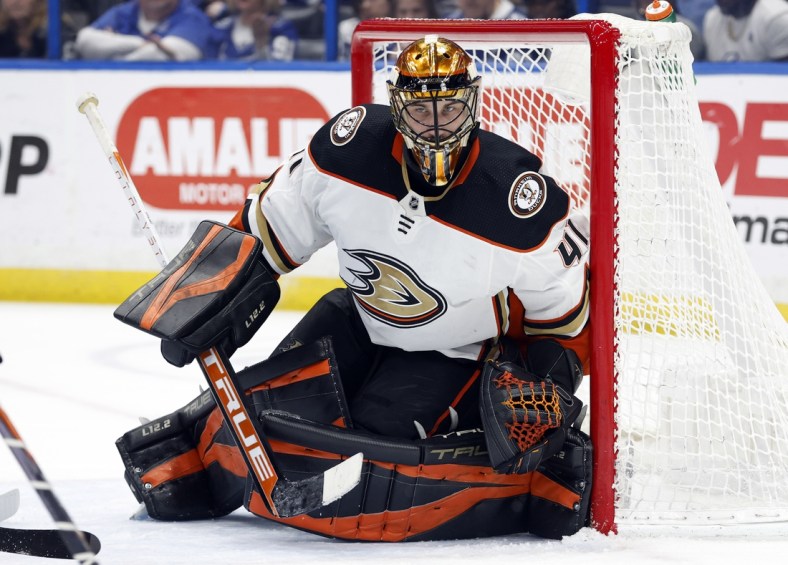 Apr 14, 2022; Tampa, Florida, USA; Anaheim Ducks goaltender Anthony Stolarz (41) looks on against the Tampa Bay Lightning during the third period at Amalie Arena. Mandatory Credit: Kim Klement-USA TODAY Sports