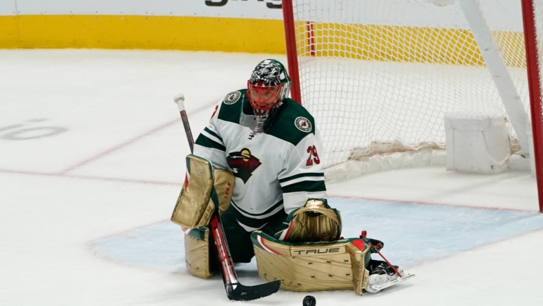 Apr 14, 2022; Dallas, Texas, USA;  Minnesota Wild goaltender Marc-Andre Fleury (29) makes a save against the Dallas Stars during the third period at American Airlines Center. Mandatory Credit: Chris Jones-USA TODAY Sports