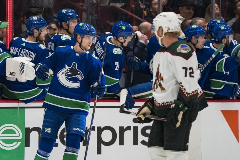 Apr 14, 2022; Vancouver, British Columbia, CAN; Vancouver Canucks forward Elias Pettersson (40) celebrates his goal against the Arizona Coyotes in the second period at Rogers Arena. Mandatory Credit: Bob Frid-USA TODAY Sports
