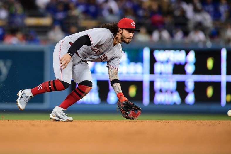 Apr 14, 2022; Los Angeles, California, USA; Cincinnati Reds second baseman Jonathan India (6) fields the ground ball hit by Los Angeles Dodgers catcher Will Smith (16) during the fourth inning at Dodger Stadium. Mandatory Credit: Gary A. Vasquez-USA TODAY Sports