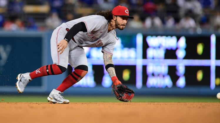 Apr 14, 2022; Los Angeles, California, USA; Cincinnati Reds second baseman Jonathan India (6) fields the ground ball hit by Los Angeles Dodgers catcher Will Smith (16) during the fourth inning at Dodger Stadium. Mandatory Credit: Gary A. Vasquez-USA TODAY Sports