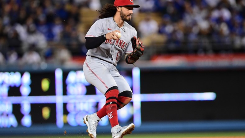 Apr 14, 2022; Los Angeles, California, USA; Cincinnati Reds second baseman Jonathan India (6) throws to first for the out against Los Angeles Dodgers catcher Will Smith (16) during the fourth inning at Dodger Stadium. Mandatory Credit: Gary A. Vasquez-USA TODAY Sports