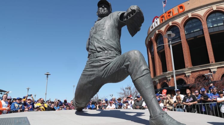 The Tom Seaver statue outside Citi Field prior to the start of game between the Mets and Diamondbacks April 15, 2022.Mets Home Opener