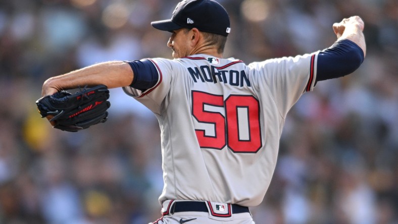 Apr 14, 2022; San Diego, California, USA; Atlanta Braves starting pitcher Charlie Morton (50) throws a pitch against the San Diego Padres during the first inning at Petco Park. Mandatory Credit: Orlando Ramirez-USA TODAY Sports