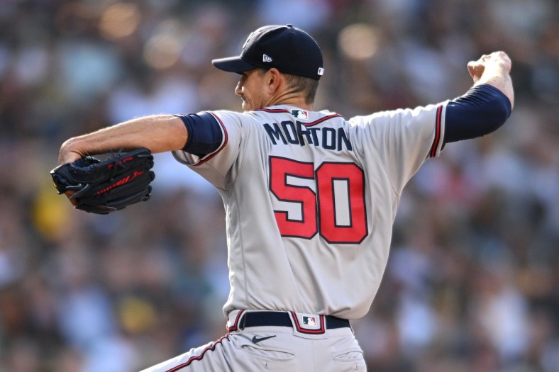 Apr 14, 2022; San Diego, California, USA; Atlanta Braves starting pitcher Charlie Morton (50) throws a pitch against the San Diego Padres during the first inning at Petco Park. Mandatory Credit: Orlando Ramirez-USA TODAY Sports