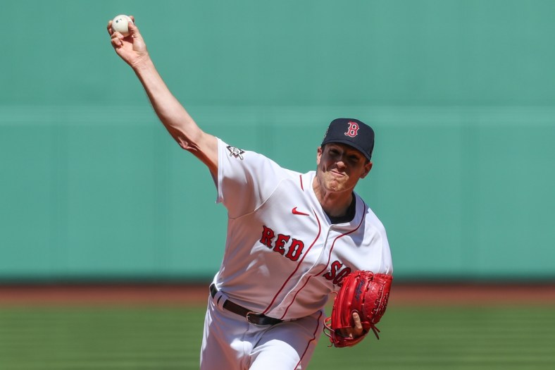 Apr 15, 2022; Boston, Massachusetts, USA; Boston Red Sox starting pitcher Nick Pivetta (37) throws a pitch during the first inning against the Minnesota Twins at Fenway Park. Every player is wearing number 42 in honor of Jackie Robinson. Mandatory Credit: Paul Rutherford-USA TODAY Sports