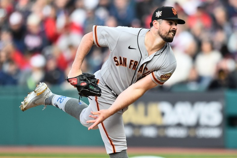 Apr 15, 2022; Cleveland, Ohio, USA; San Francisco Giants starting pitcher Carlos Rodon throws a pitch during the first inning against the Cleveland Guardians at Progressive Field. Mandatory Credit: Ken Blaze-USA TODAY Sports