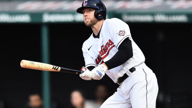 Apr 15, 2022; Cleveland, Ohio, USA; Cleveland Guardians second baseman Owen Miller hits a double during the second inning against the San Francisco Giants at Progressive Field. Mandatory Credit: Ken Blaze-USA TODAY Sports