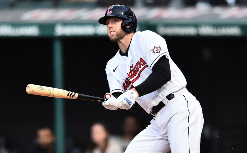 Apr 15, 2022; Cleveland, Ohio, USA; Cleveland Guardians second baseman Owen Miller hits a double during the second inning against the San Francisco Giants at Progressive Field. Mandatory Credit: Ken Blaze-USA TODAY Sports