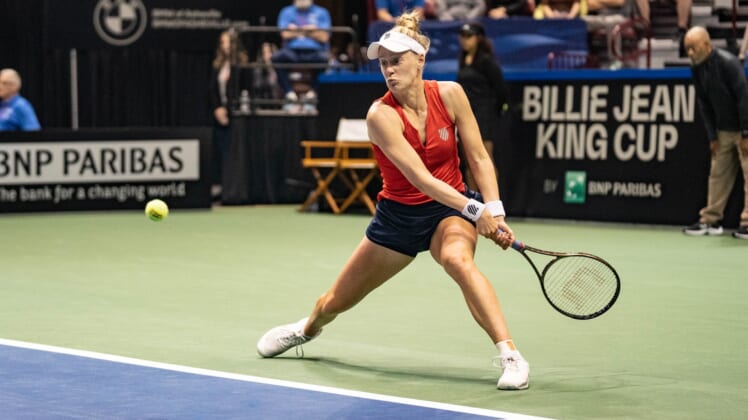 USA's Allison Riske swings during the 2022 Billie Jean King Cup on April 15.