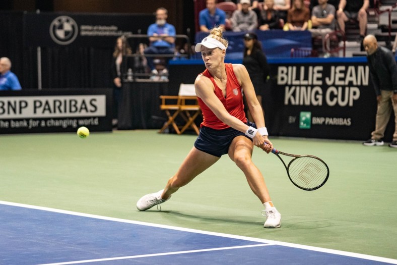 USA's Allison Riske swings during the 2022 Billie Jean King Cup on April 15.